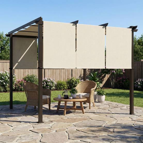 Outsunny - Pergola avec 3 toiles coulissantes - 3 x 3 x 2,38 m - structure acier noir toile polyester haute densité - beige - Outsunny - Image 2