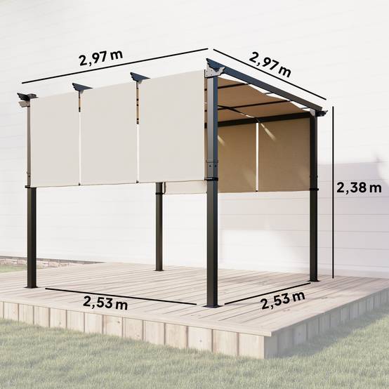 Outsunny - Pergola avec 3 toiles coulissantes - 3 x 3 x 2,38 m - structure acier noir toile polyester haute densité - beige - Outsunny - Image 3