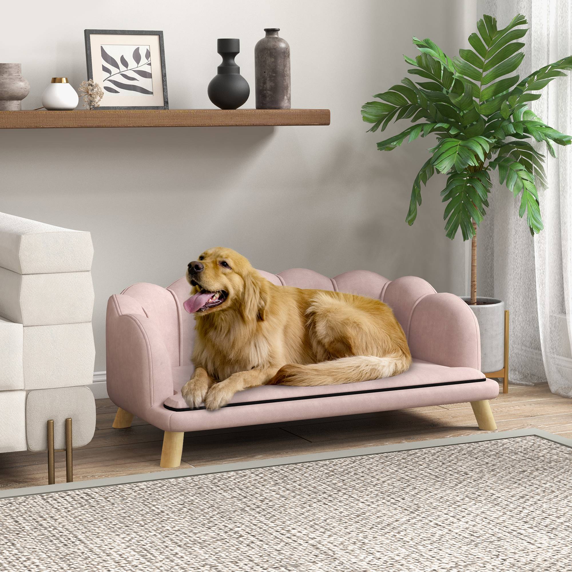 Sans Marque - Canapé pour animaux de compagnie pour chiens moyens et grands jusqu'à 25 kg, en bois robuste, recouvert de tissu, rose - Image 3