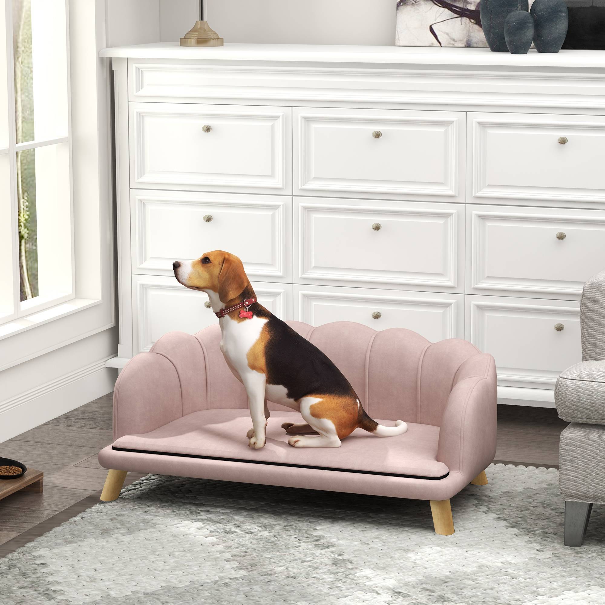 Sans Marque - Canapé pour animaux de compagnie pour chiens moyens et grands jusqu'à 25 kg, en bois robuste, recouvert de tissu, rose - Image 4