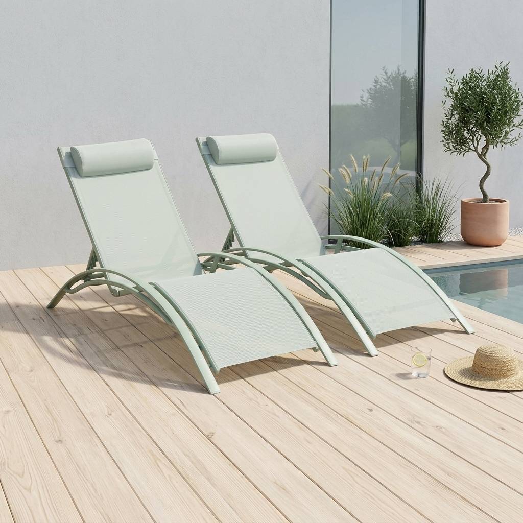 sweeek - Duo de bains de soleil aluminium vert de gris - Transats aluminium et textilène | sweeek - Image 1