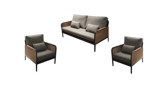 Proloisirs - Set salon bas RAPHIA – 1 canapé 2 places + 2 fauteuils – Graphite / Naturel / Gris