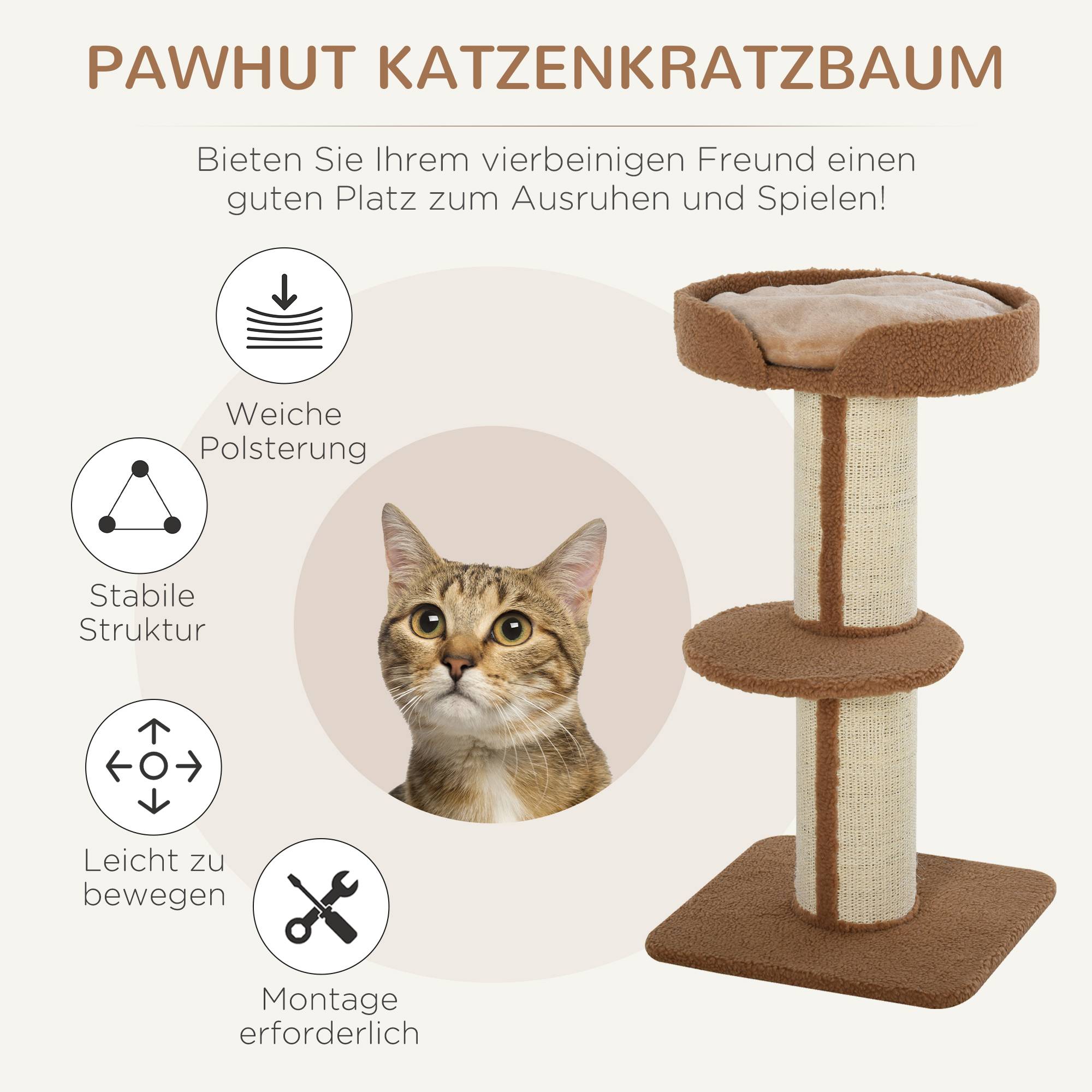 Arbre à chat laine sisal pour chats moyens tour multiniveaux 45x45x91 cm marron clair - ComfortXL Outdoor Living - Image 6