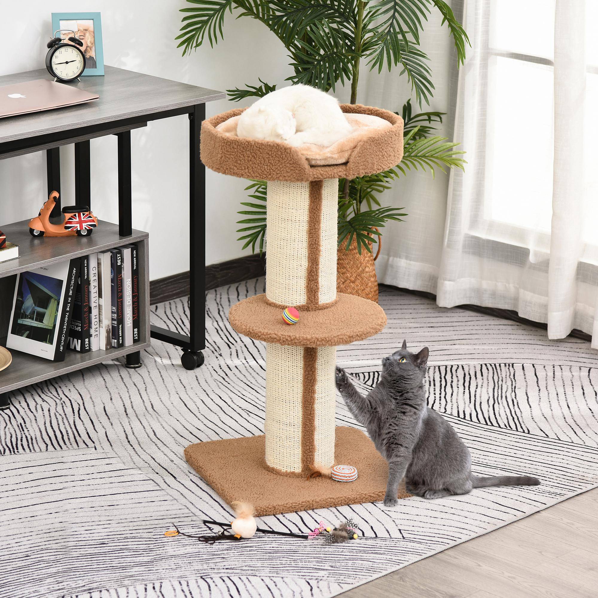 Arbre à chat laine sisal pour chats moyens tour multiniveaux 45x45x91 cm marron clair - ComfortXL Outdoor Living - Image 3