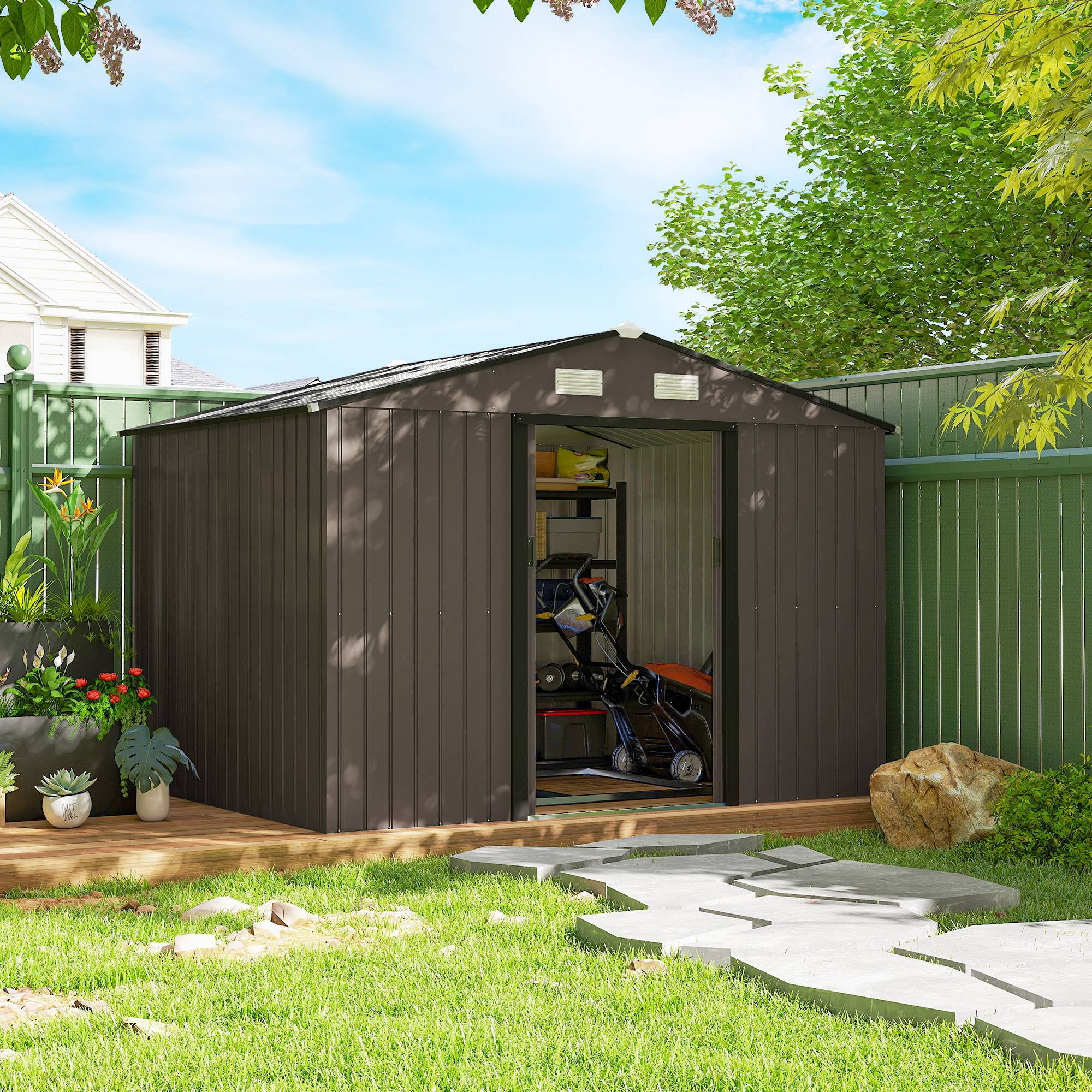 Outsunny - Abri de jardin 5,4m² - kit de fondation, porte coulissante verrouillables 4 aérations - 277x195x192cm - marron - Outsunny - Image 2