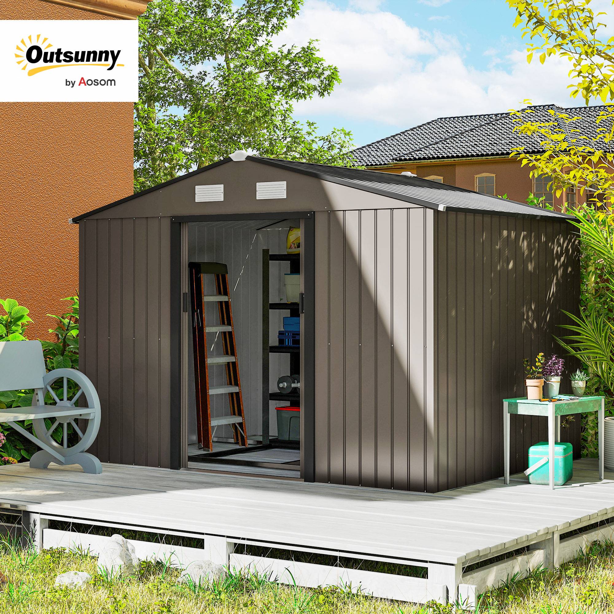 Outsunny - Abri de jardin 5,4m² - kit de fondation, porte coulissante verrouillables 4 aérations - 277x195x192cm - marron - Outsunny - Image 9