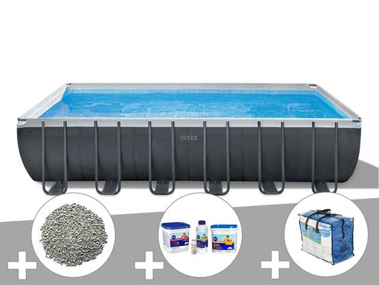 Kit piscine tubulaire Intex Ultra XTR Frame rectangulaire 7,32 x 3,66 x 1,32 m + Bâche à bulles + 20 kg de zéolite + Kit de traitement au chlore