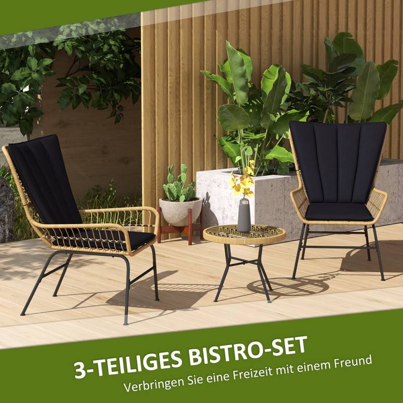 Salon de Jardin Bistro Résine Tressée 3 Pièces Terrasse Table Verre Noir - ComfortXL Outdoor Living - Image 4