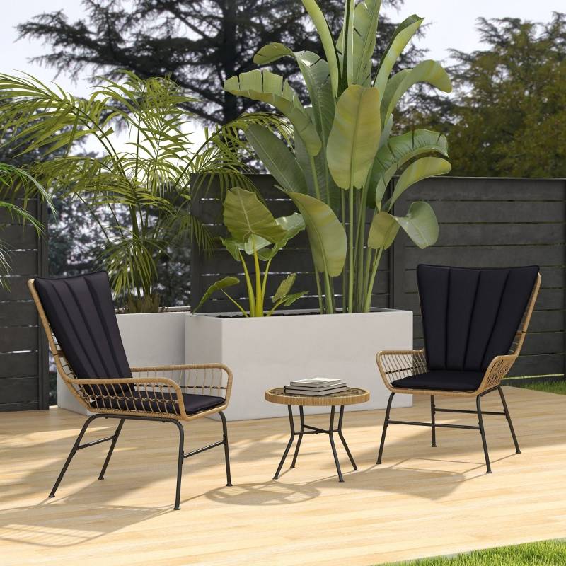 Salon de Jardin Bistro Résine Tressée 3 Pièces Terrasse Table Verre Noir - ComfortXL Outdoor Living - Image 1