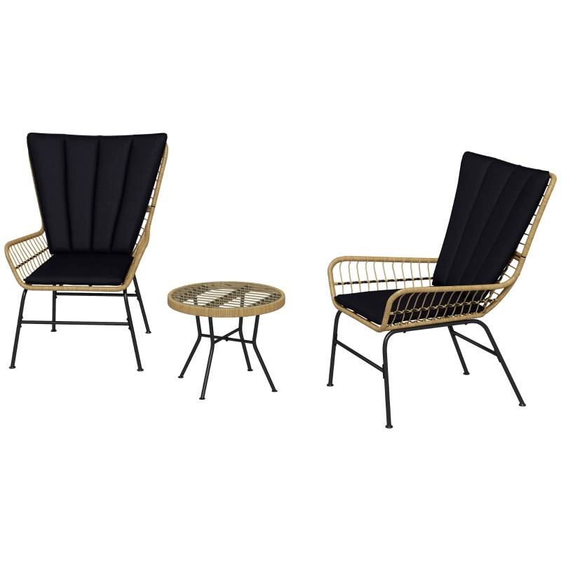 Salon de Jardin Bistro Résine Tressée 3 Pièces Terrasse Table Verre Noir - ComfortXL Outdoor Living - Image 2