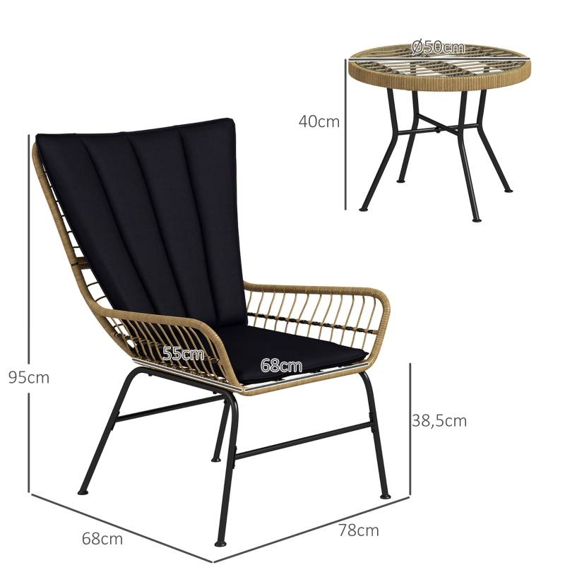 Salon de Jardin Bistro Résine Tressée 3 Pièces Terrasse Table Verre Noir - ComfortXL Outdoor Living - Image 3