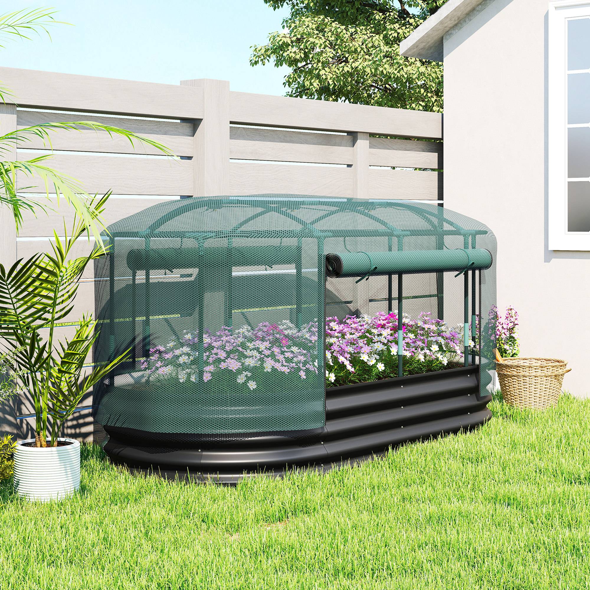 Carré potager de jardin avec cage de protection, jardinière surélevée en acier galvanisé, 180 x 90 x 93 cm, gris et vert - Image 4