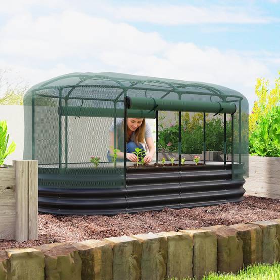 Carré potager de jardin avec cage de protection, jardinière surélevée en acier galvanisé, 180 x 90 x 93 cm, gris et vert - Image 10