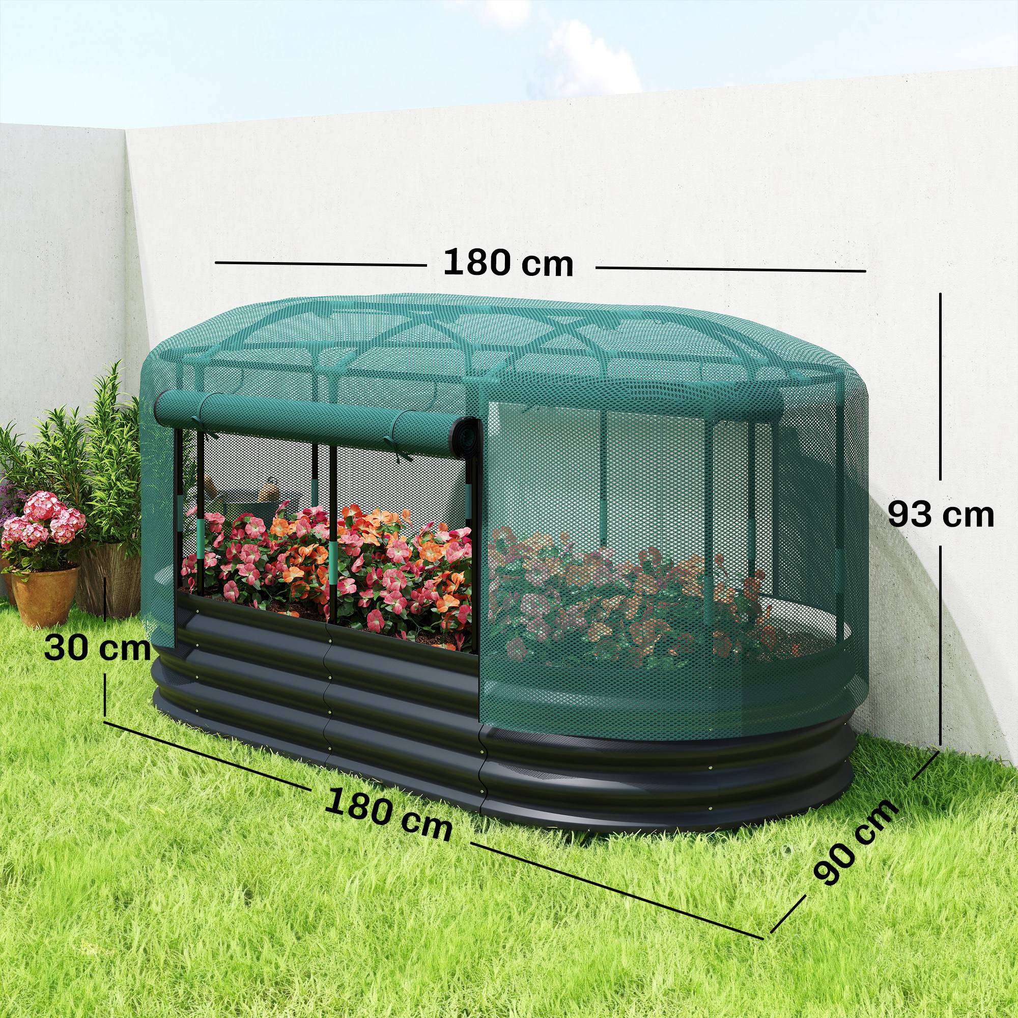 Carré potager de jardin avec cage de protection, jardinière surélevée en acier galvanisé, 180 x 90 x 93 cm, gris et vert - Image 5