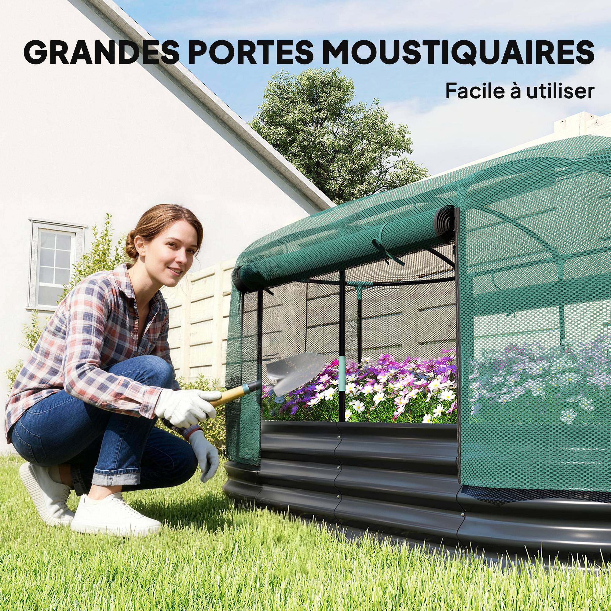 Carré potager de jardin avec cage de protection, jardinière surélevée en acier galvanisé, 180 x 90 x 93 cm, gris et vert - Image 8