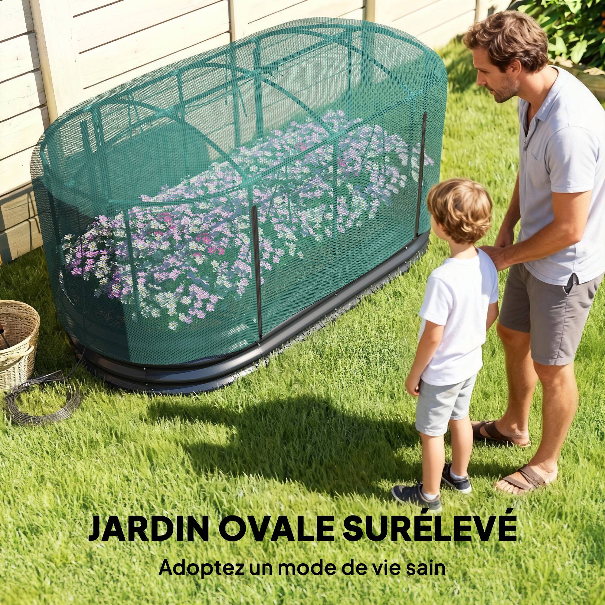 Carré potager de jardin avec cage de protection, jardinière surélevée en acier galvanisé, 180 x 90 x 93 cm, gris et vert - Image 9