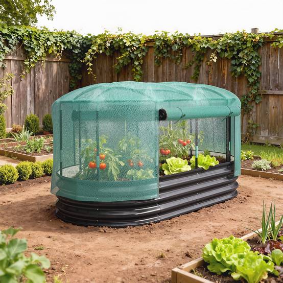 Carré potager de jardin avec cage de protection, jardinière surélevée en acier galvanisé, 180 x 90 x 93 cm, gris et vert - Image 3