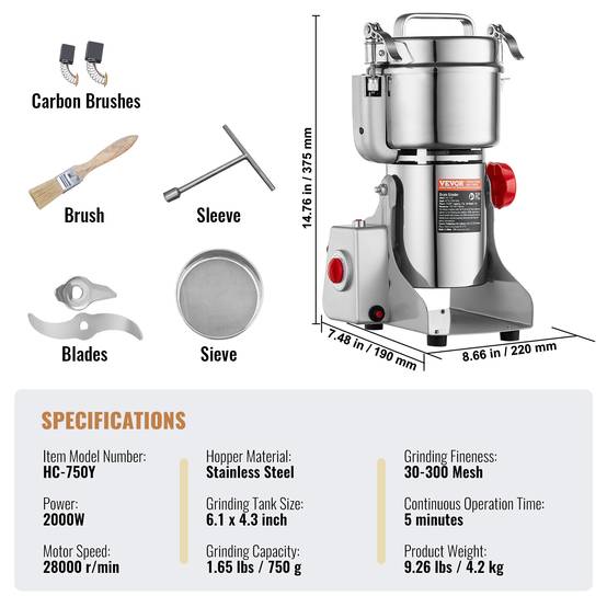 VEVOR Moulin à épices électrique 750g 2000W, inox, type oscillant, céréales, épices, herbes. - Image 7