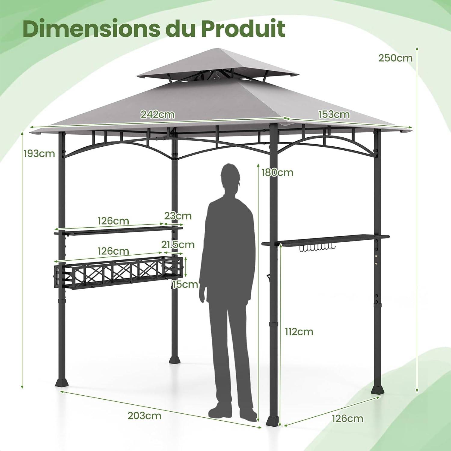 Tonnelle de Barbecue 242 x 153 cm avec 2 Etagères Latérales, Abri Barbecue Cadre en Métal avec Panier de Rangement pour Jardin Cour - Image 5