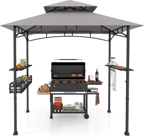 Tonnelle de Barbecue 242 x 153 cm avec 2 Etagères Latérales, Abri Barbecue Cadre en Métal avec Panier de Rangement pour Jardin Cour - Image 1