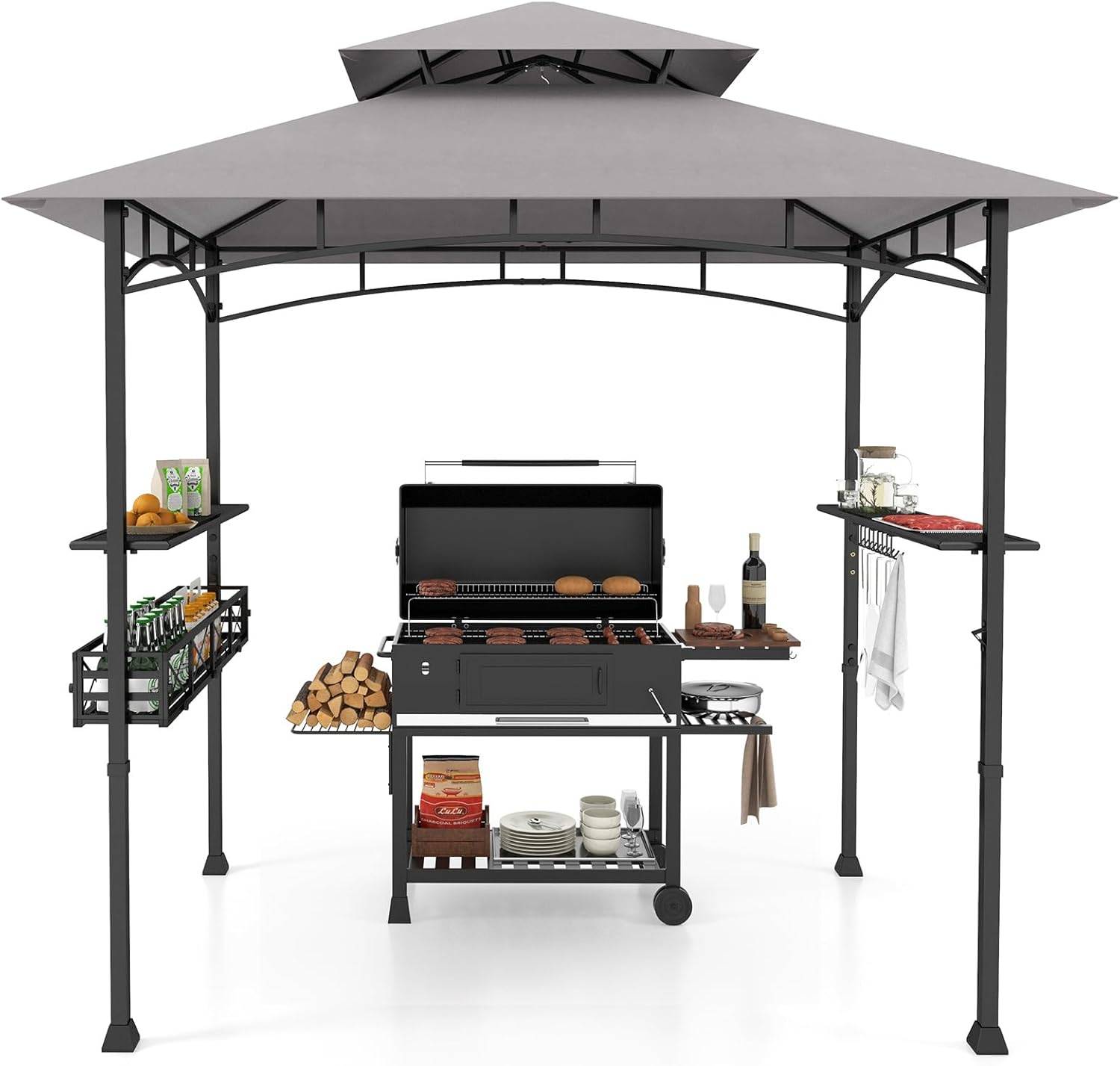 Tonnelle de Barbecue 242 x 153 cm avec 2 Etagères Latérales, Abri Barbecue Cadre en Métal avec Panier de Rangement pour Jardin Cour - Image 1