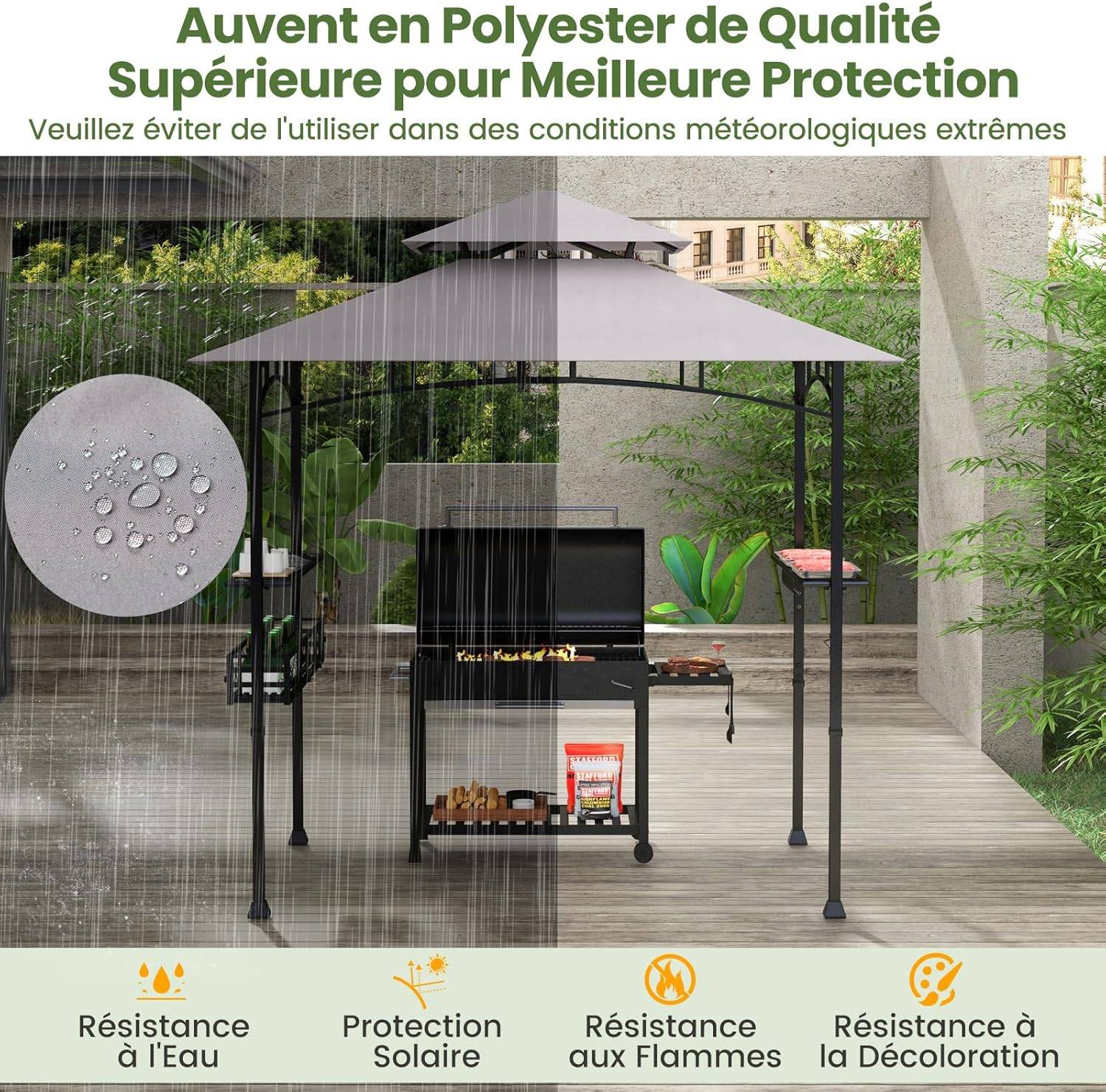 Tonnelle de Barbecue 242 x 153 cm avec 2 Etagères Latérales, Abri Barbecue Cadre en Métal avec Panier de Rangement pour Jardin Cour - Image 4