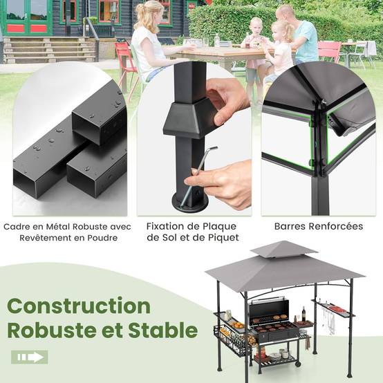 Tonnelle de Barbecue 242 x 153 cm avec 2 Etagères Latérales, Abri Barbecue Cadre en Métal avec Panier de Rangement pour Jardin Cour - Image 3