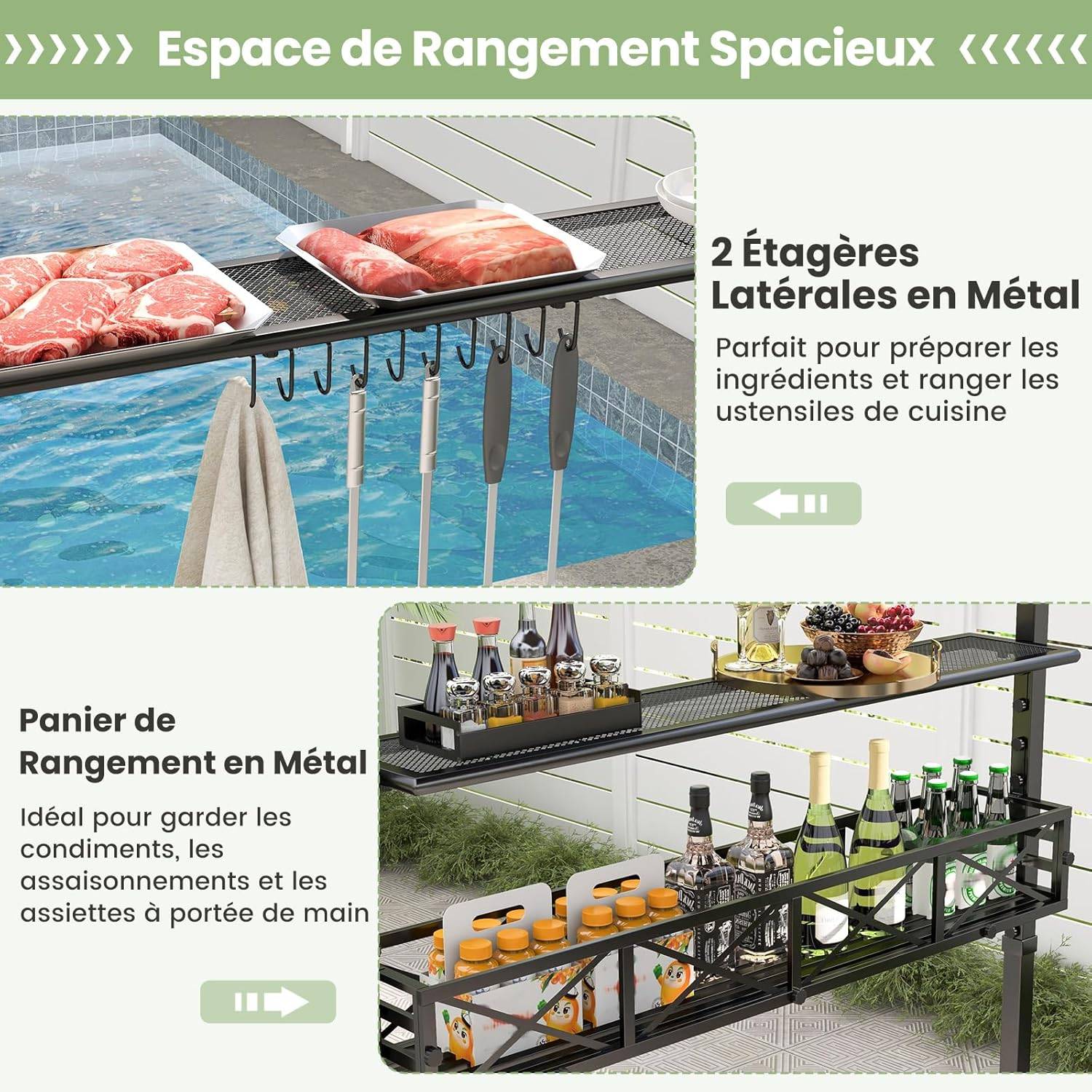 Tonnelle de Barbecue 242 x 153 cm avec 2 Etagères Latérales, Abri Barbecue Cadre en Métal avec Panier de Rangement pour Jardin Cour - Image 6