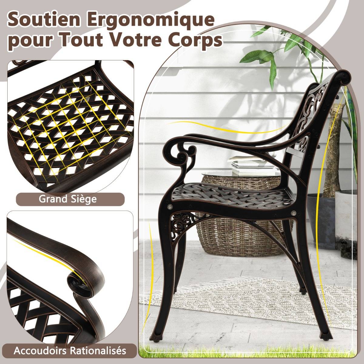 Lot de 2 Chaises en Fonte d'Aluminium Chaises de Salle à Manger d'Extérieur Toutes Saisons Accoudoirs et Sièges Incurvés Bronze - Image 8
