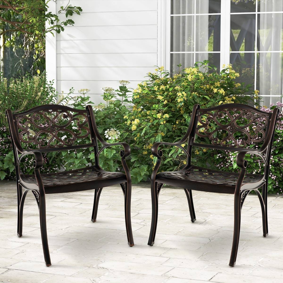 Lot de 2 Chaises en Fonte d'Aluminium Chaises de Salle à Manger d'Extérieur Toutes Saisons Accoudoirs et Sièges Incurvés Bronze - Image 2