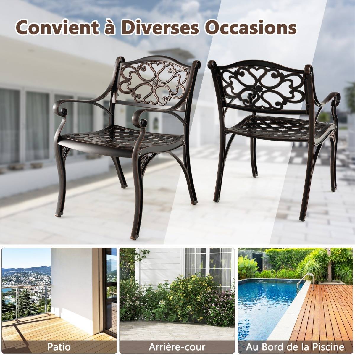 Lot de 2 Chaises en Fonte d'Aluminium Chaises de Salle à Manger d'Extérieur Toutes Saisons Accoudoirs et Sièges Incurvés Bronze - Image 9