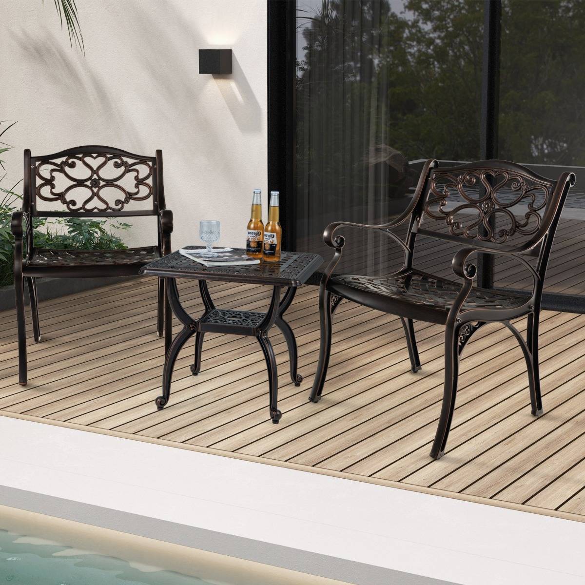 Lot de 2 Chaises en Fonte d'Aluminium Chaises de Salle à Manger d'Extérieur Toutes Saisons Accoudoirs et Sièges Incurvés Bronze - Image 4