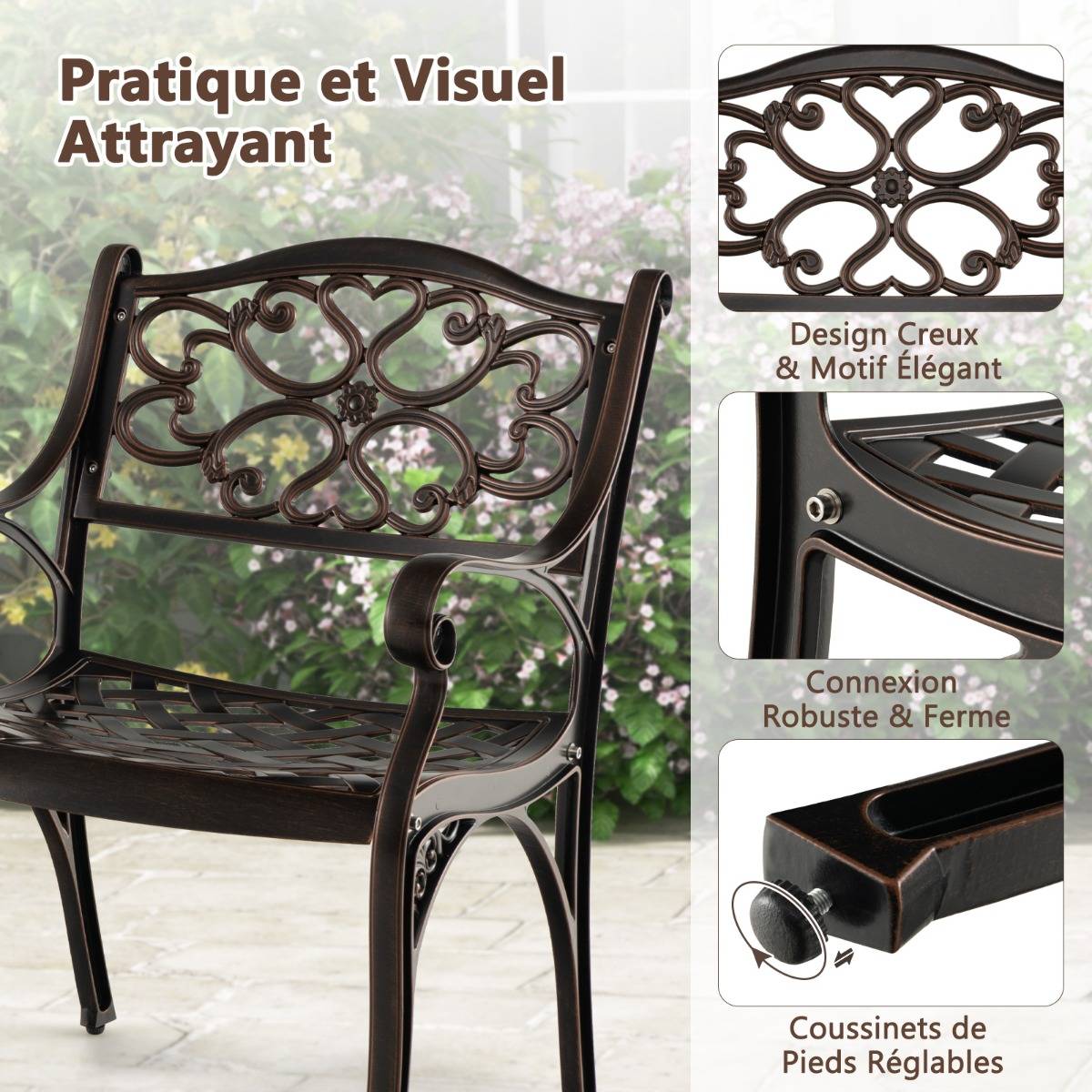 Lot de 2 Chaises en Fonte d'Aluminium Chaises de Salle à Manger d'Extérieur Toutes Saisons Accoudoirs et Sièges Incurvés Bronze - Image 7