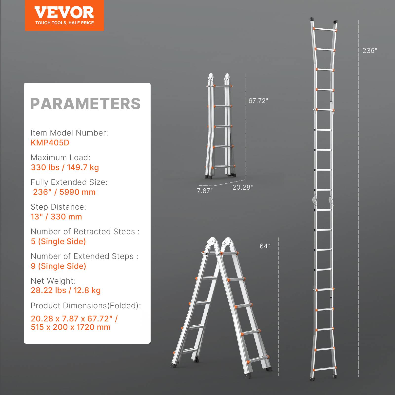 Vevor - VEVOR Échelle télescopique A aluminium 19 pieds, portable, charge 330 lb, pour intérieur et extérieur. - Image 7