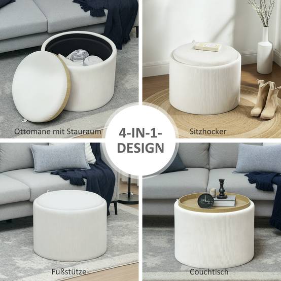 Pouf de rangement rond avec espace de rangement et repose-pieds, en velours côtelé et MDF, blanc crème - Image 8