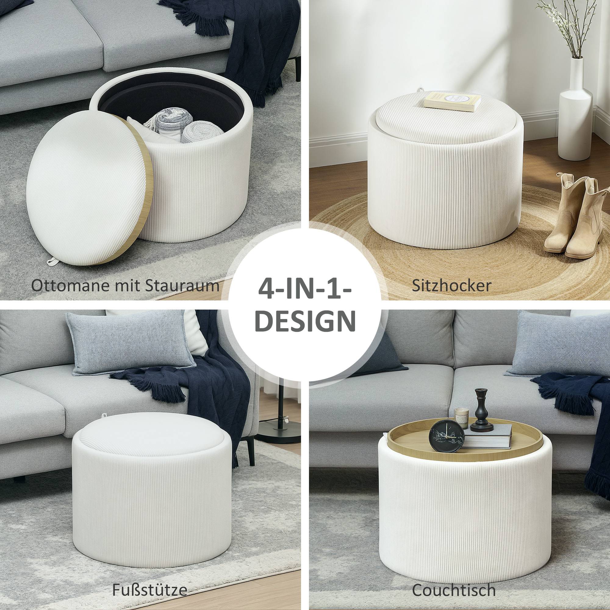Pouf de rangement rond avec espace de rangement et repose-pieds, en velours côtelé et MDF, blanc crème - Image 8
