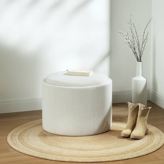 Pouf de rangement rond avec espace de rangement et repose-pieds, en velours côtelé et MDF, blanc crème - Image 3