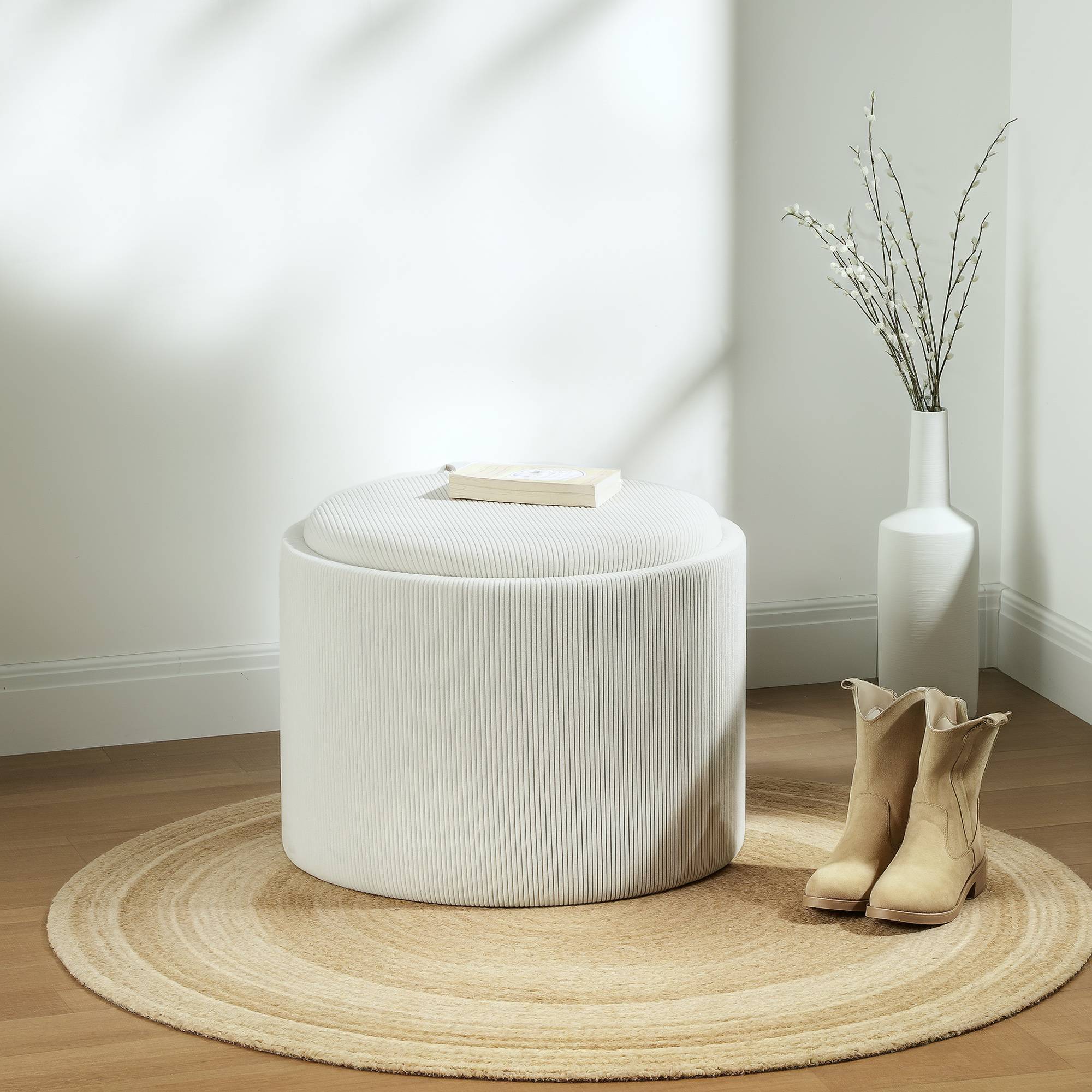 Pouf de rangement rond avec espace de rangement et repose-pieds, en velours côtelé et MDF, blanc crème - Image 3