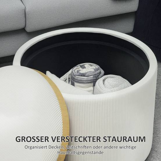Pouf de rangement rond avec espace de rangement et repose-pieds, en velours côtelé et MDF, blanc crème - Image 6