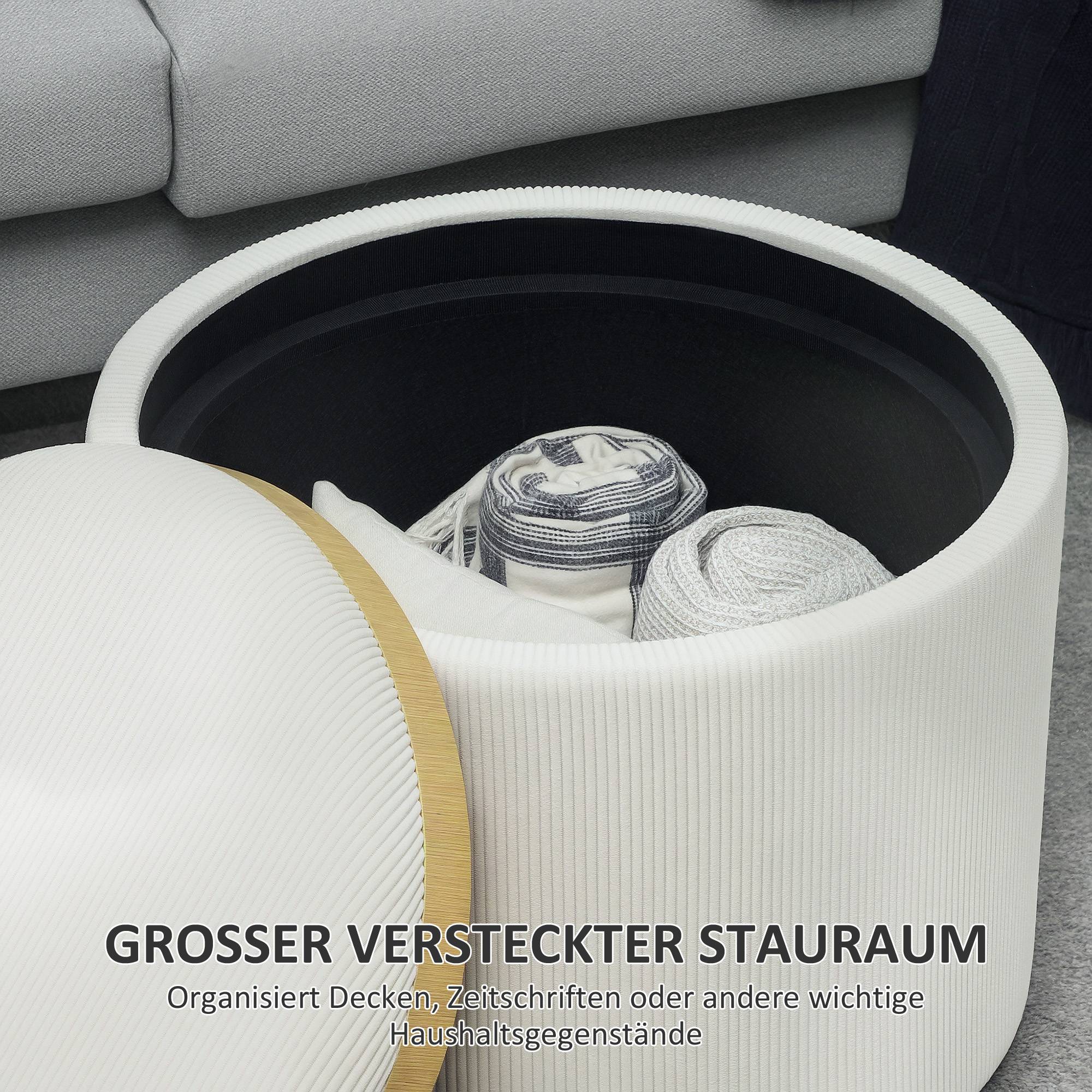 Pouf de rangement rond avec espace de rangement et repose-pieds, en velours côtelé et MDF, blanc crème - Image 6