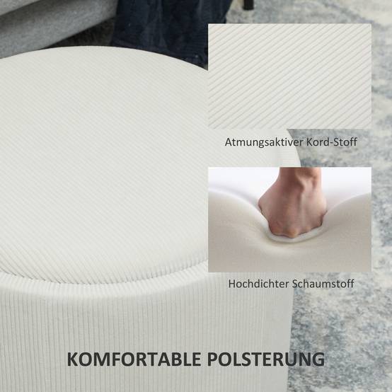 Pouf de rangement rond avec espace de rangement et repose-pieds, en velours côtelé et MDF, blanc crème - Image 7