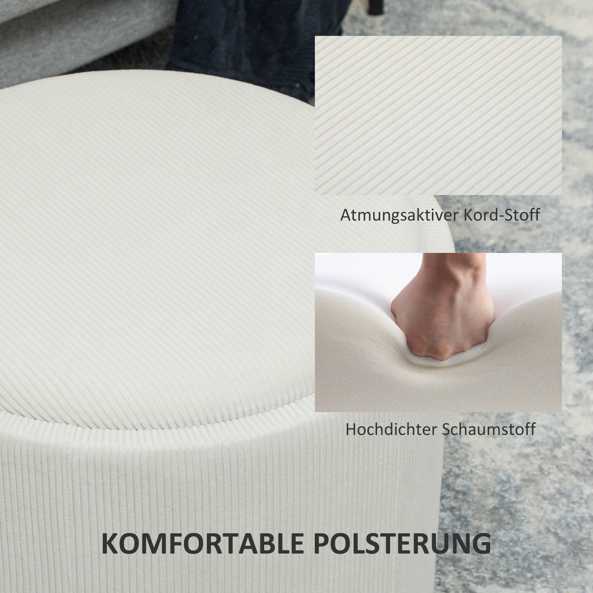 Pouf de rangement rond avec espace de rangement et repose-pieds, en velours côtelé et MDF, blanc crème - Image 7