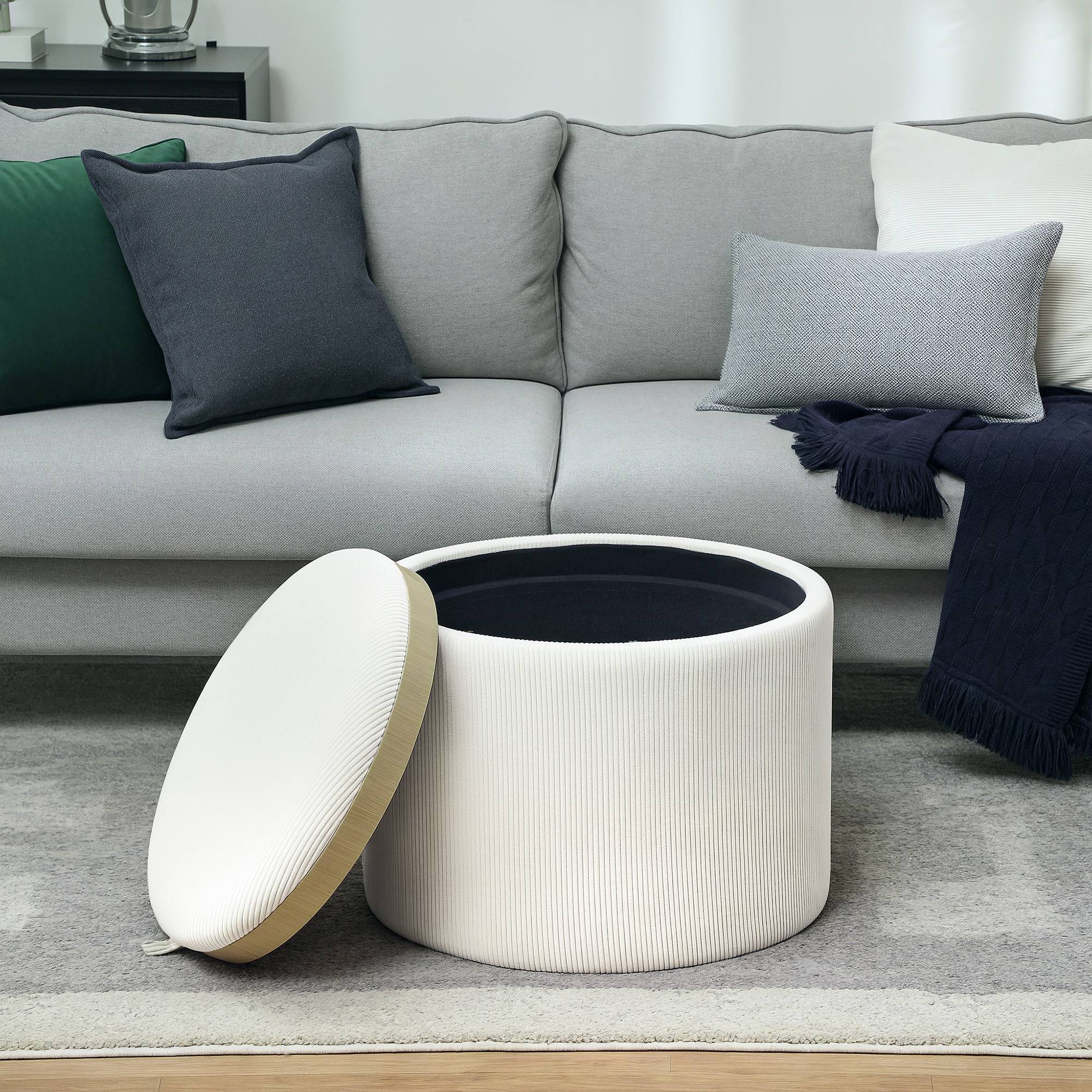 Pouf de rangement rond avec espace de rangement et repose-pieds, en velours côtelé et MDF, blanc crème - Image 9