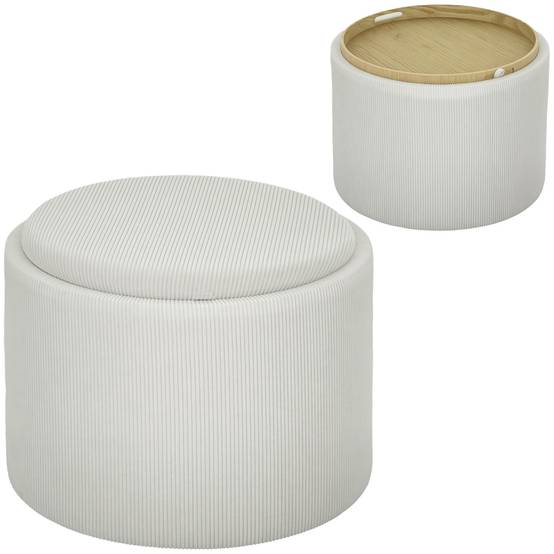 Pouf de rangement rond avec espace de rangement et repose-pieds, en velours côtelé et MDF, blanc crème - Image 1