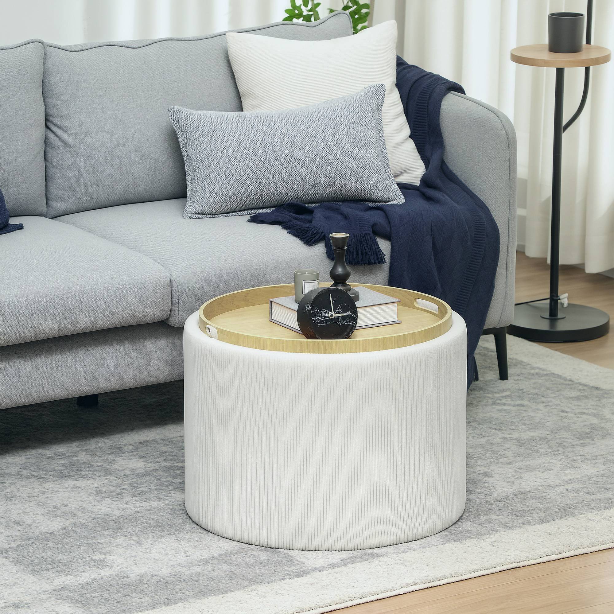 Pouf de rangement rond avec espace de rangement et repose-pieds, en velours côtelé et MDF, blanc crème - Image 4