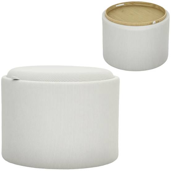 Pouf de rangement rond avec espace de rangement et repose-pieds, en velours côtelé et MDF, blanc crème - Image 2