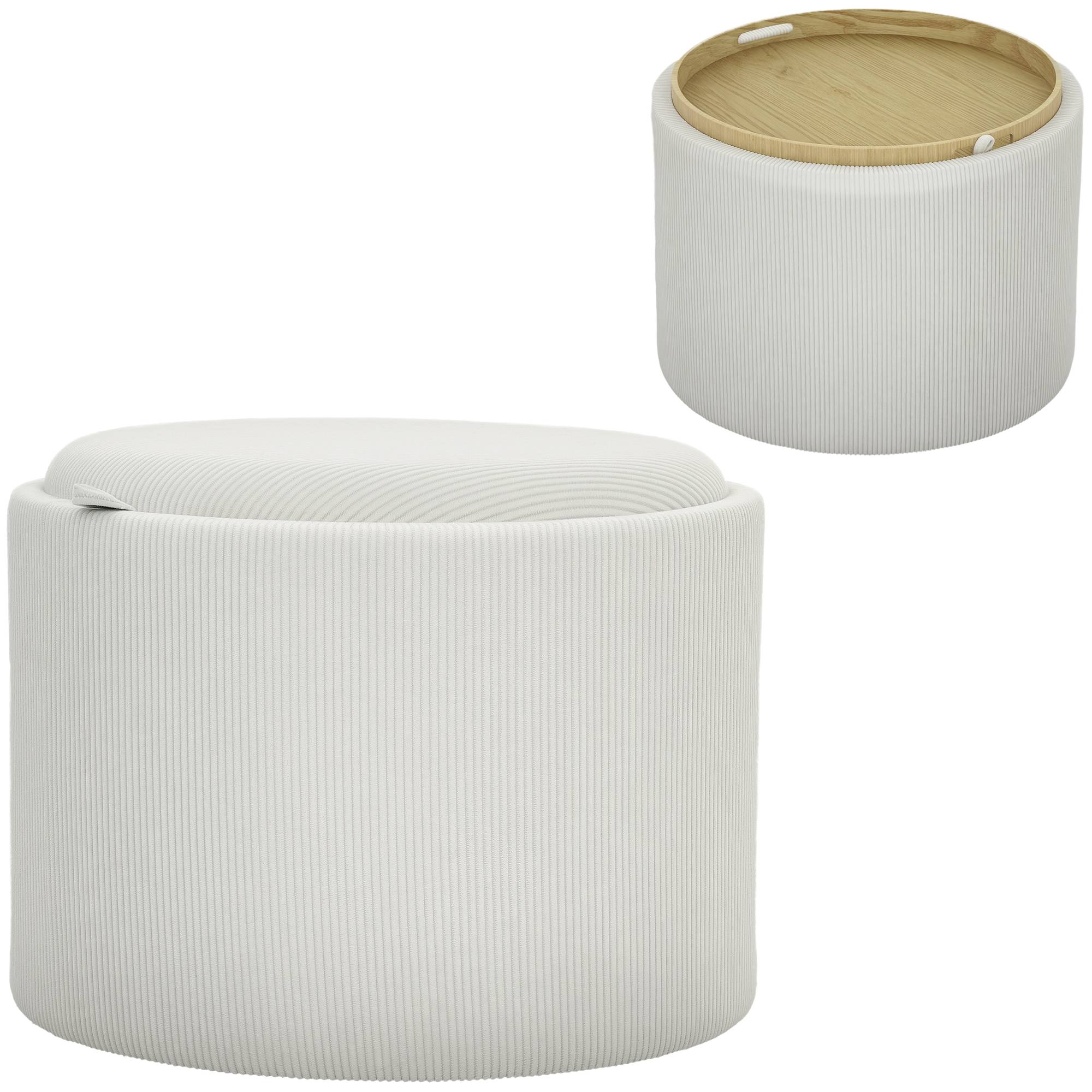 Pouf de rangement rond avec espace de rangement et repose-pieds, en velours côtelé et MDF, blanc crème - Image 2