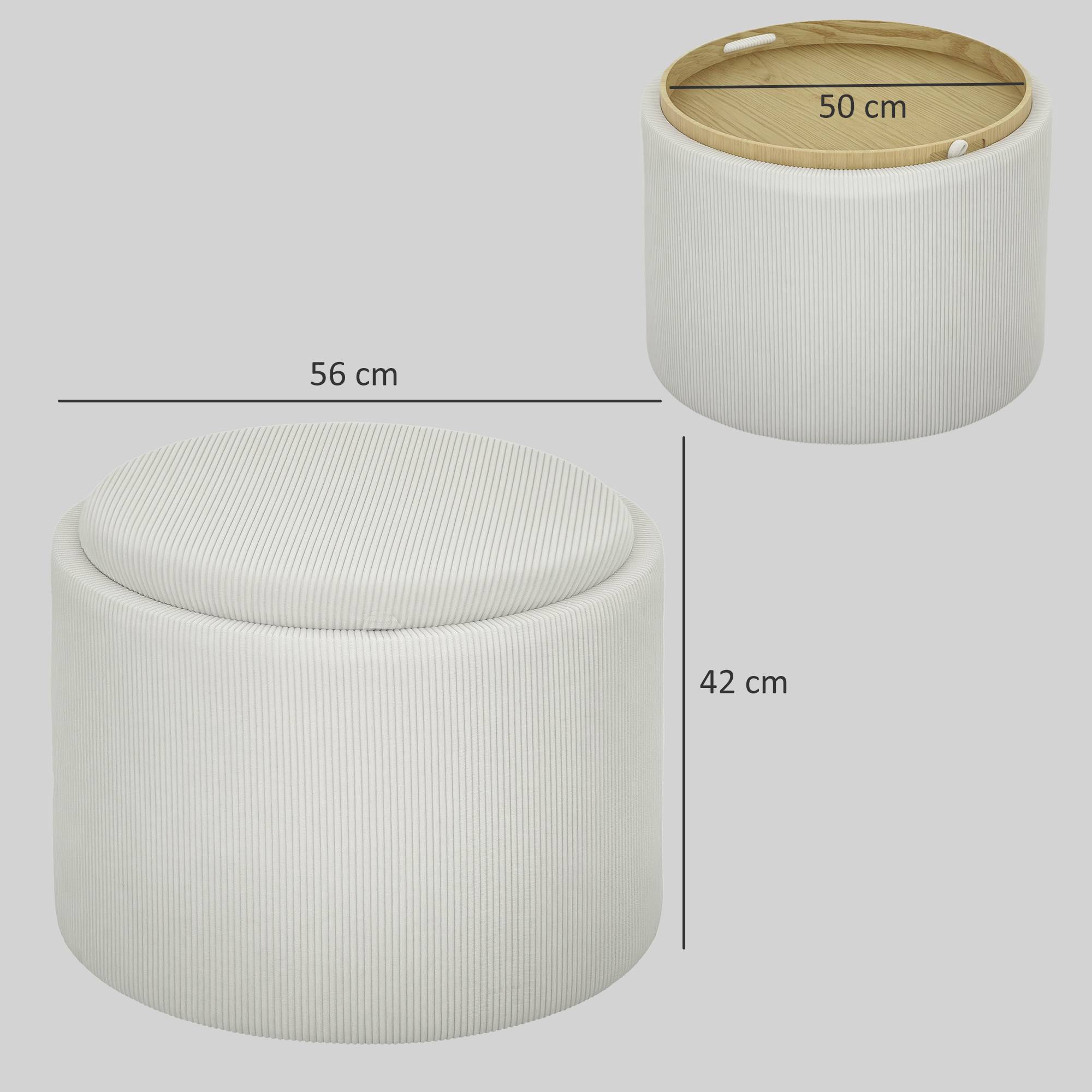 Pouf de rangement rond avec espace de rangement et repose-pieds, en velours côtelé et MDF, blanc crème - Image 5