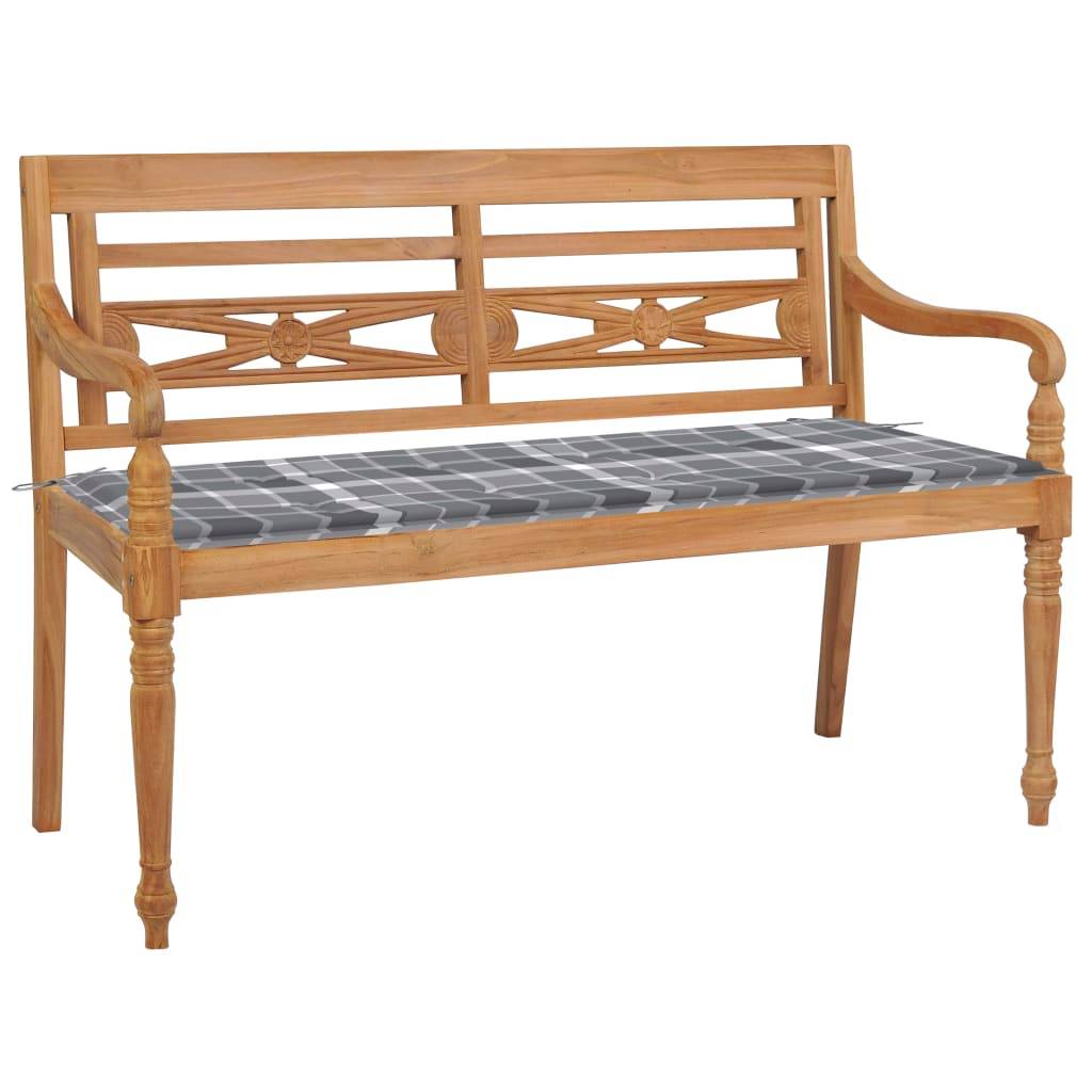 Helloshop26 - Banc de jardin meuble de patio d'extérieur terrasse avec coussin à carreaux gris 120 x 51,5 x 84 cm bois de teck - Image 1