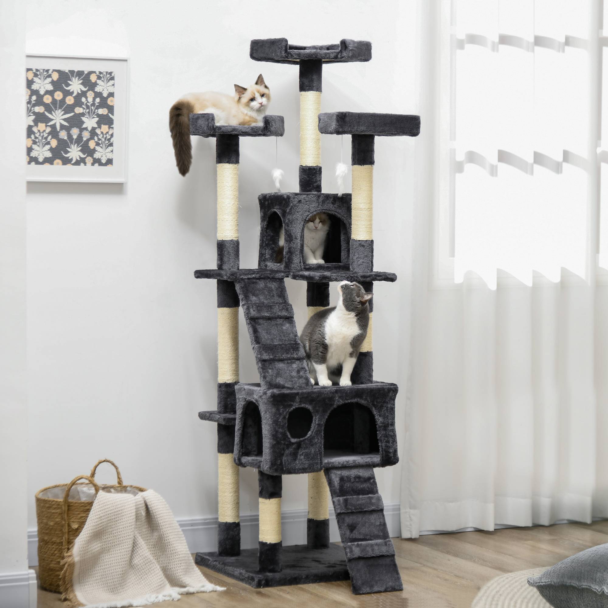 Arbre à Chat XXL Tour à Griffer Multi-Niveaux avec Niches et Poteaux Sisal 173 cm Gris Foncé - ComfortXL Outdoor Living - Image 3